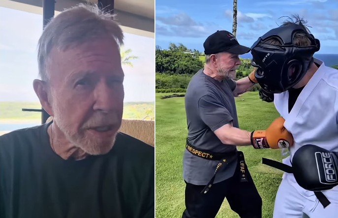 Chuck Norris em pose icônica após anúncio de seu falecimento aos 86 anos.
