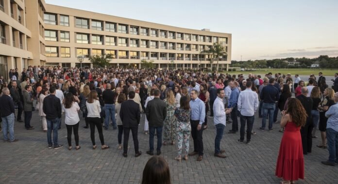 Fachada de um moderno campus da Church of the Highlands com pessoas engajadas
