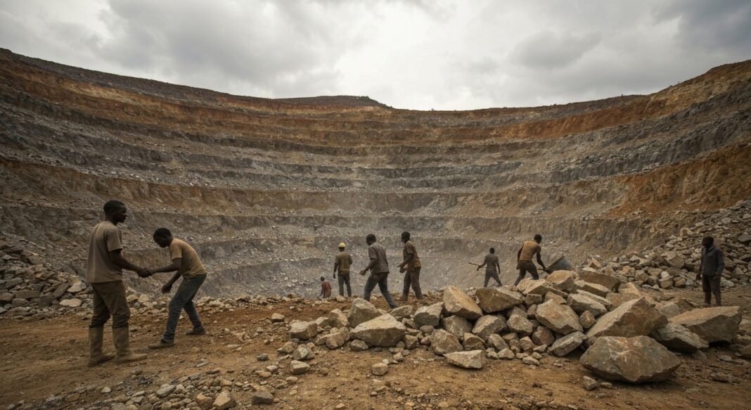 Cena de resgate após colapso de mina de coltan no leste do Congo, com trabalhadores tentando remover escombros.