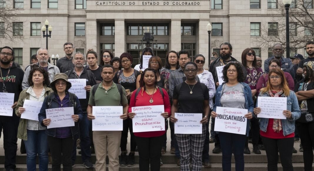 Manifestantes em frente ao Capitólio do Estado do Colorado expressando oposição à legalização da prostituição.