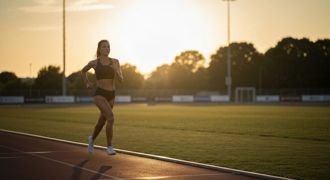 Atleta em silhueta correndo em pista de atletismo ao pôr do sol.
