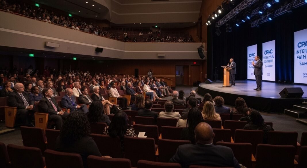 Painel de discussão sobre liberdade religiosa em evento da CPAC com palestrantes e público engajado.
