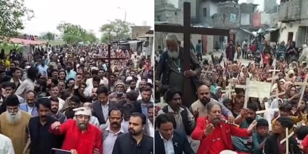 Famílias cristãs em assentamento informal no Paquistão com semblantes de preocupação.