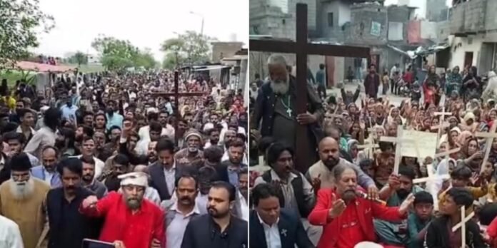 Famílias cristãs em assentamento informal no Paquistão com semblantes de preocupação.