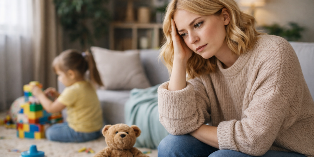 Mãe refletindo sobre a culpa materna enquanto olha pela janela em casa.