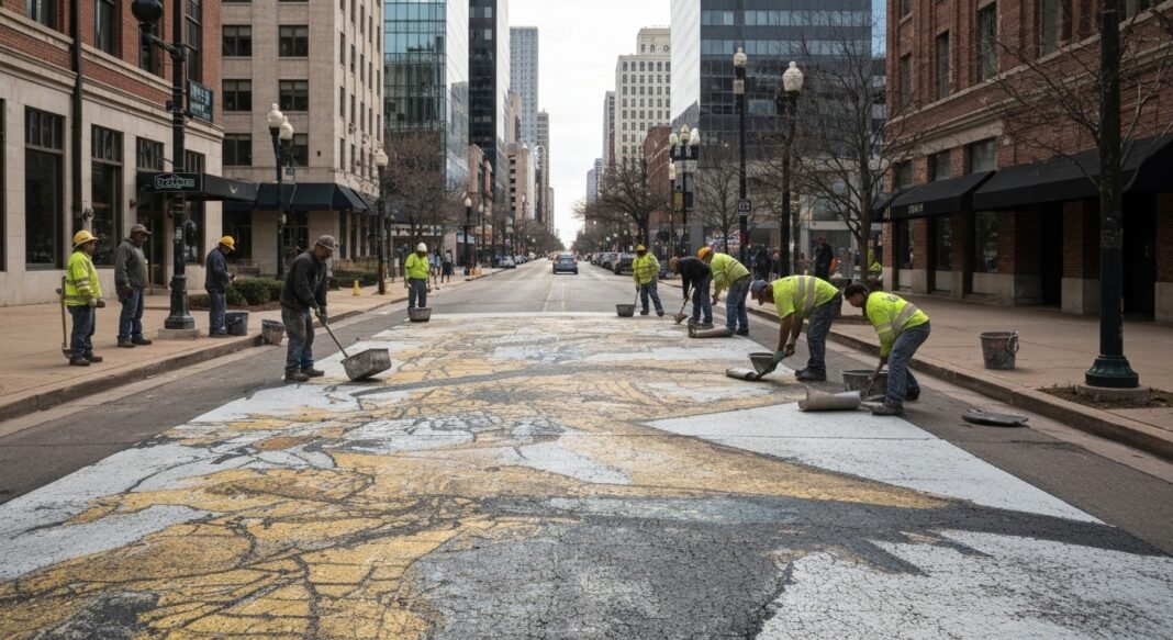 Trabalhadores removem faixa de pedestres arco-íris em Dallas após ordem estadual.
