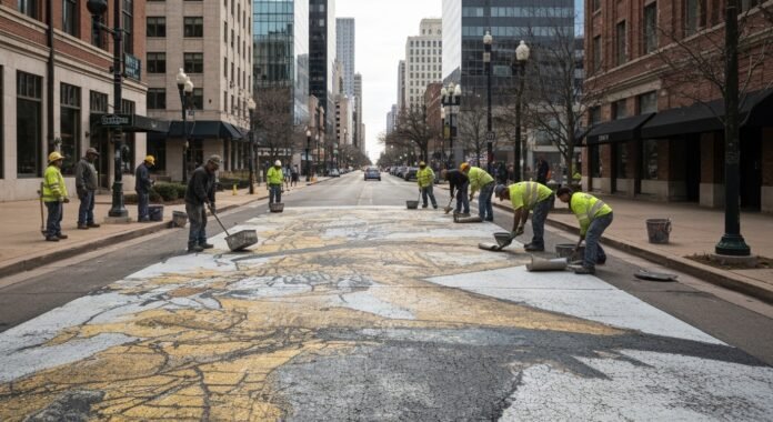 Trabalhadores removem faixa de pedestres arco-íris em Dallas após ordem estadual.
