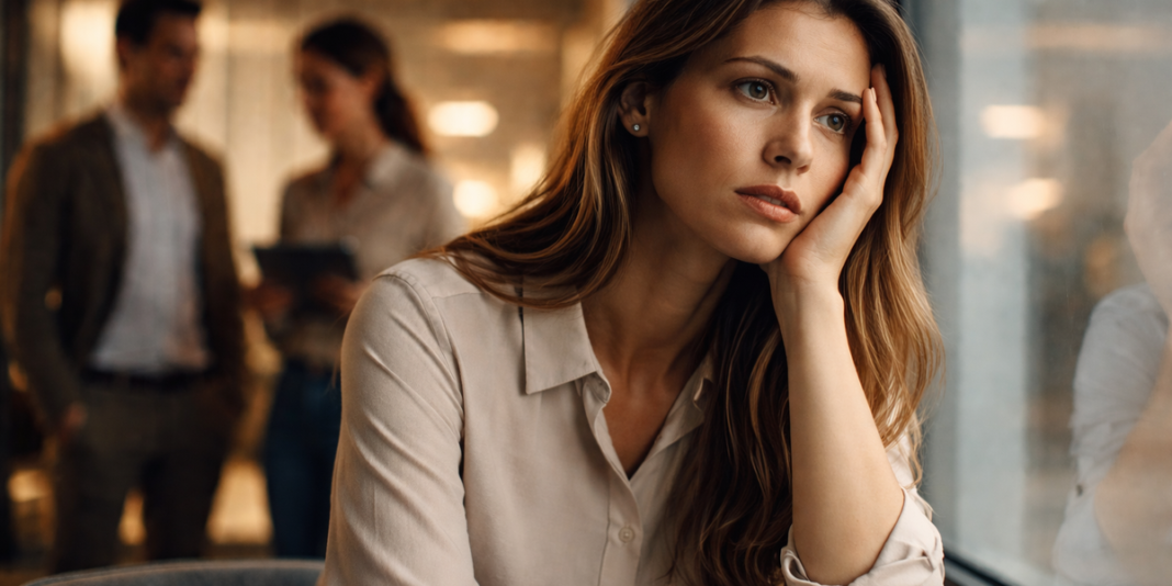 Mulher olhando para seu reflexo no espelho, em um momento de introspecção e autoconsciência.