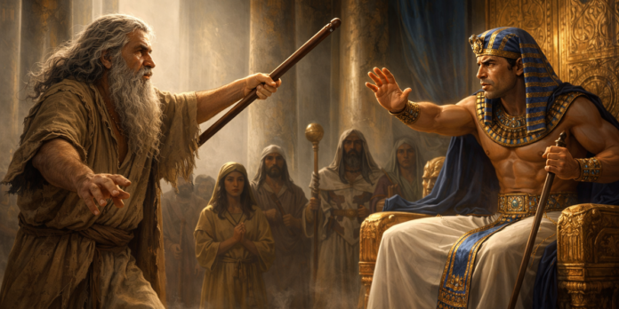 Moisés confrontando Faraó em um palácio egípcio, simbolizando o diálogo teopolítico e a demanda por liberdade