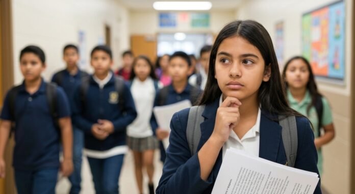 Estudante em corredor de escola pública segurando panfleto religioso discretamente