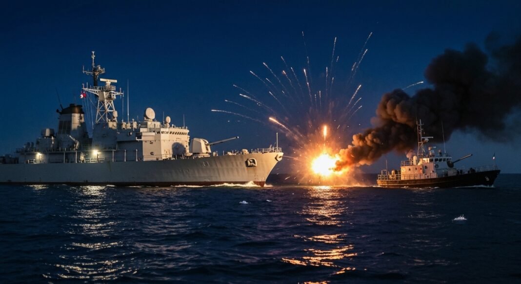 Navio de guerra americano em operação no Estreito de Hormuz com um barco iraniano explodindo em chamas ao fundo.