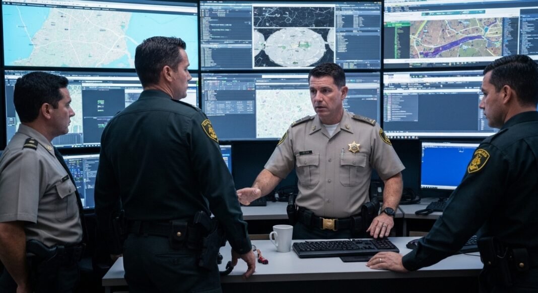 Agentes de segurança dos EUA em um centro de operações monitorando dados em telas.