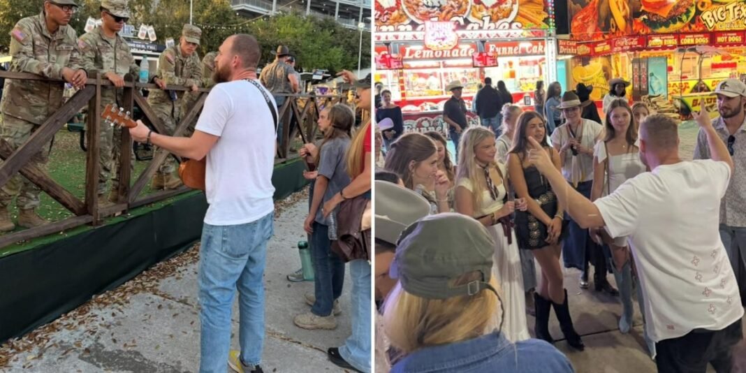 Voluntários cristãos evangelizando e orando em um grande evento nos EUA.