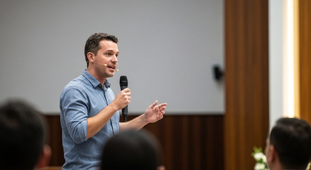 Pastor Joshua Broome falando em um púlpito sobre liderança e fé masculina.
