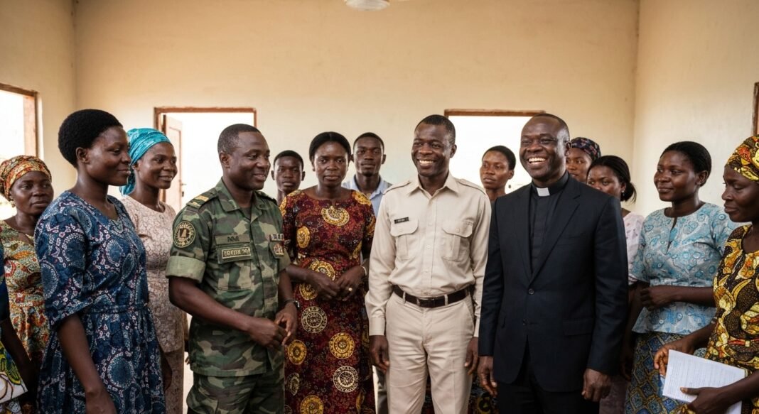 Grupo de nigerianos em centro da YWAM, incluindo ex-militante e pastor, simbolizando redenção e cura.