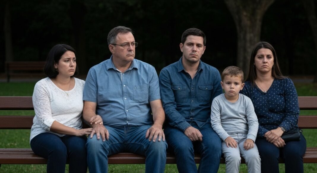 Família em um parque refletindo sobre uma tragédia
