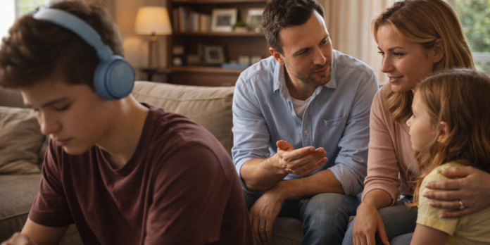 Família praticando escuta ativa durante uma conversa em casa.