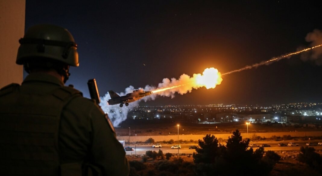 Míssil israelense em voo sobre Teerã durante intensificação de ações militares contra o Irã.