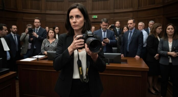 Fotógrafa cristã com câmera em tribunal após acordo judicial