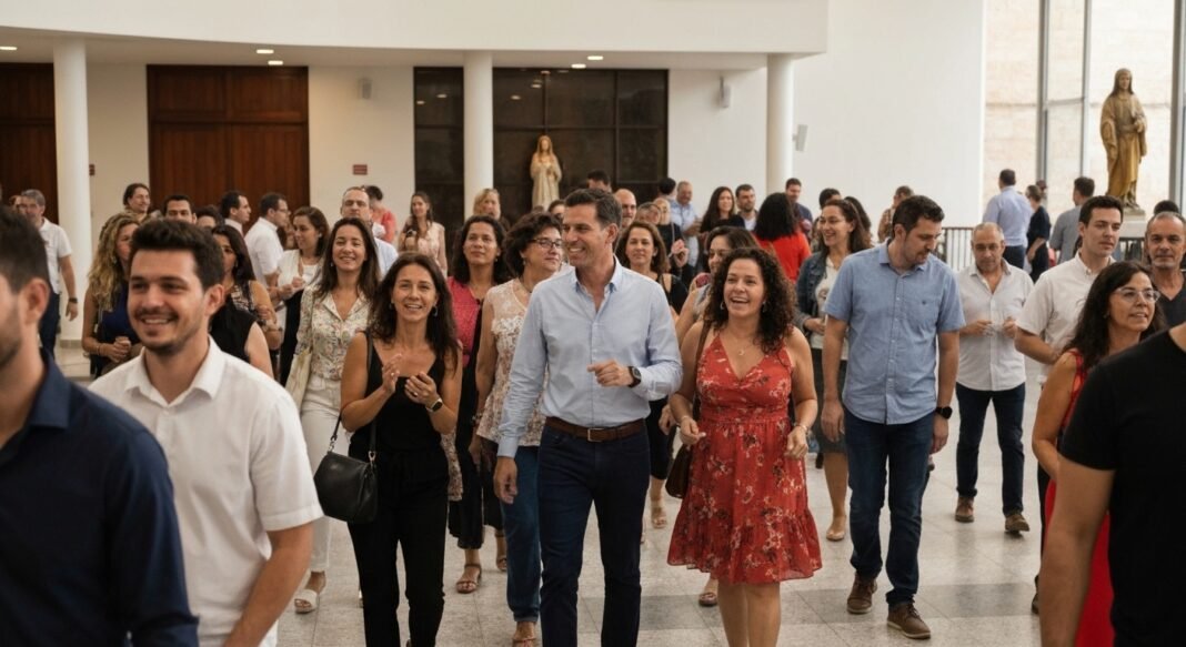 Pessoas diversas saindo de uma igreja após o culto dominical.