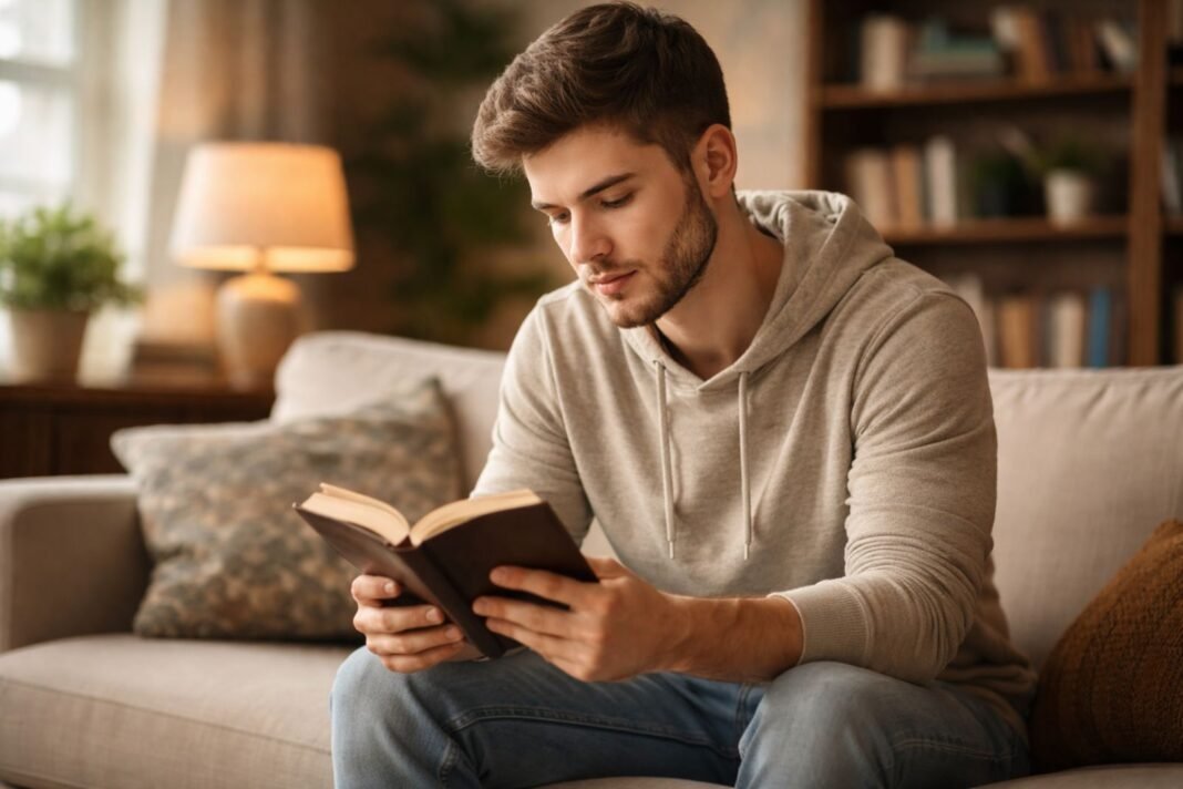 Jovem da Geração Z lendo livro devocional com serenidade.