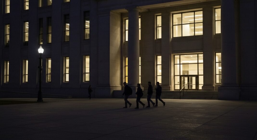 Prédio governamental federal iluminado à noite, com pessoas em silhuetas em primeiro plano.
