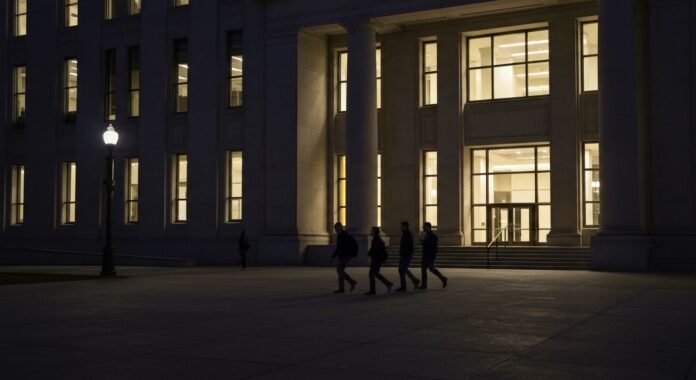 Prédio governamental federal iluminado à noite, com pessoas em silhuetas em primeiro plano.