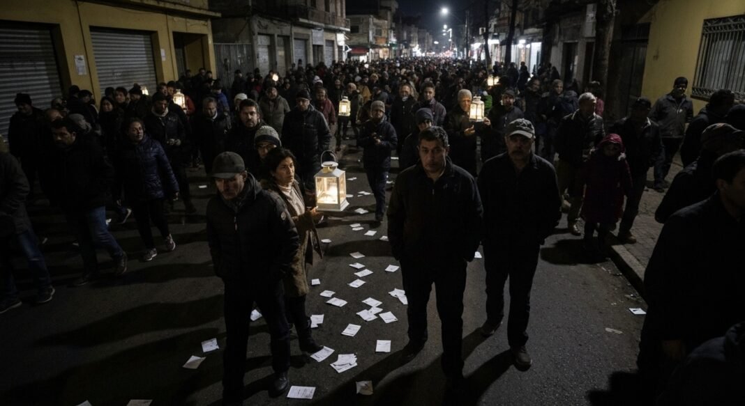 Manifestantes iranianos em protesto noturno, com iluminação dramática e atmosfera de tensão.