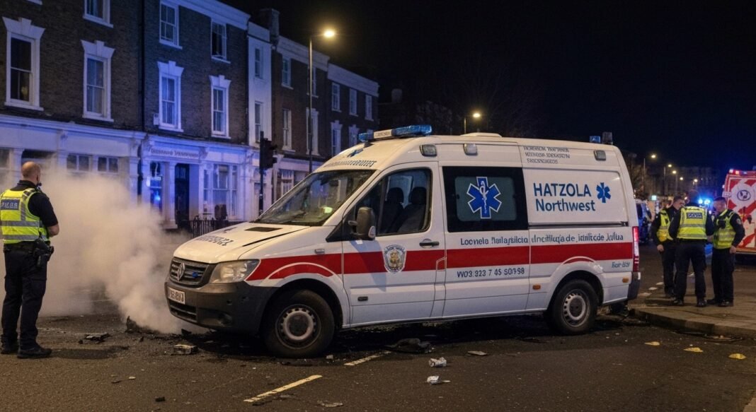 Ambulância judaica Hatzola Northwest danificada por incêndio em rua de Londres, com presença policial.