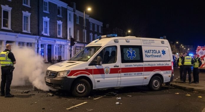 Ambulância judaica Hatzola Northwest danificada por incêndio em rua de Londres, com presença policial.