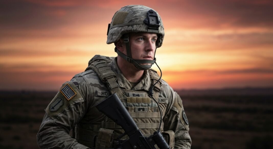Soldado americano em postura vigilante no deserto com céu ameaçador ao amanhecer.
