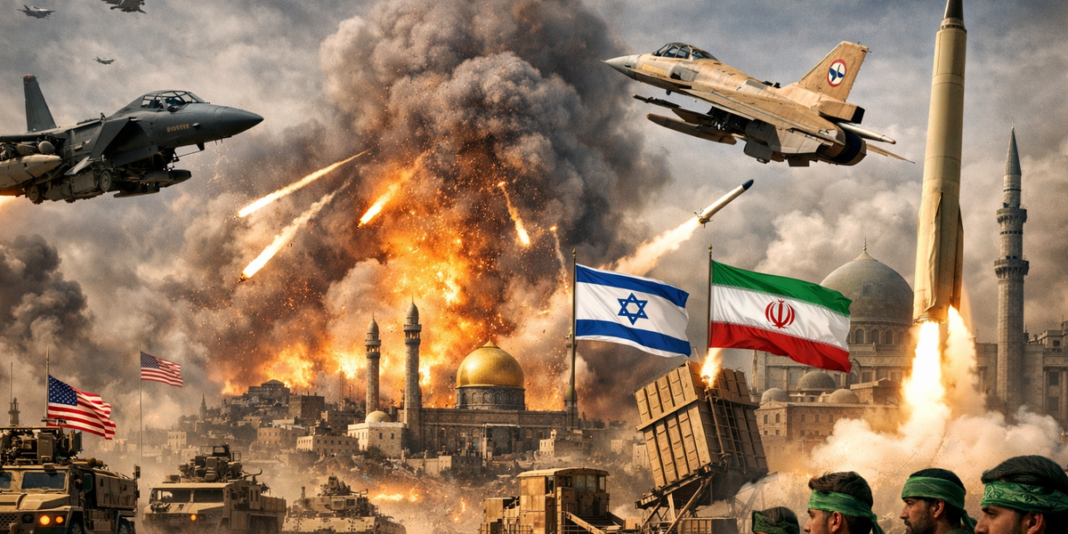 Míssil traça rastro luminoso no céu noturno sobre deserto, simbolizando conflito no Oriente Médio.