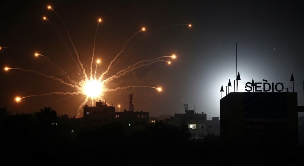 Representação visual do conflito expandido Irã-Israel atingindo território americano.