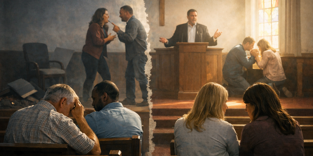 Congregação cristã diversa em oração e comunhão, transmitindo unidade e paz.