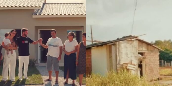 Família celebra a conquista da nova residência doada por igreja em Santa Catarina Família sorri em frente à nova casa construída por igreja em Santa Catarina.