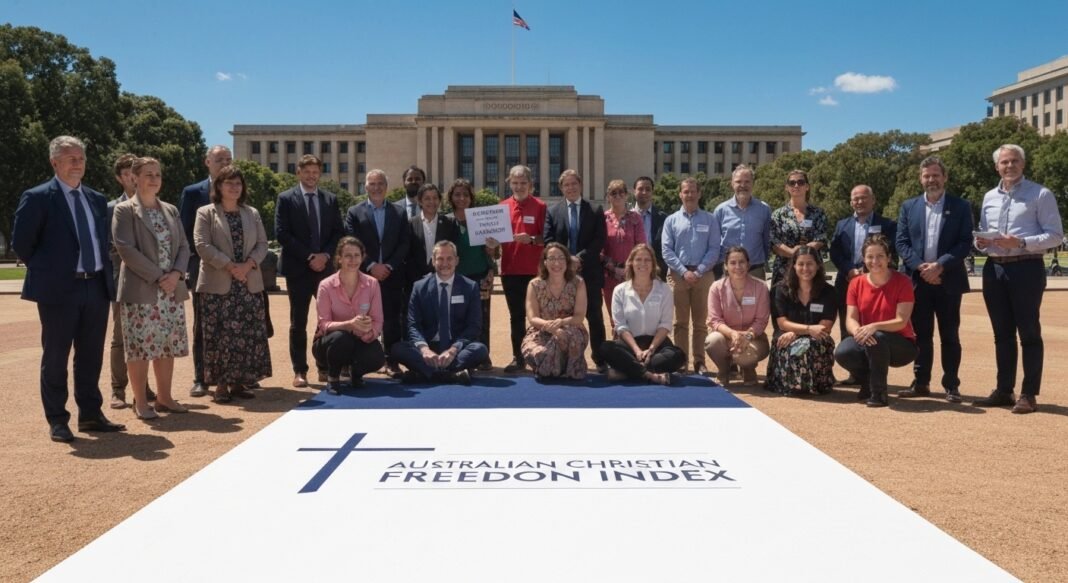 Grupo de australianos em evento público discutindo liberdade religiosa.