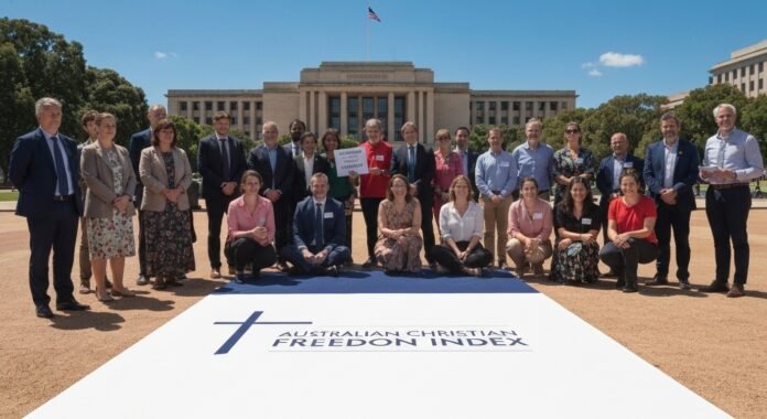 Grupo de australianos em evento público discutindo liberdade religiosa.