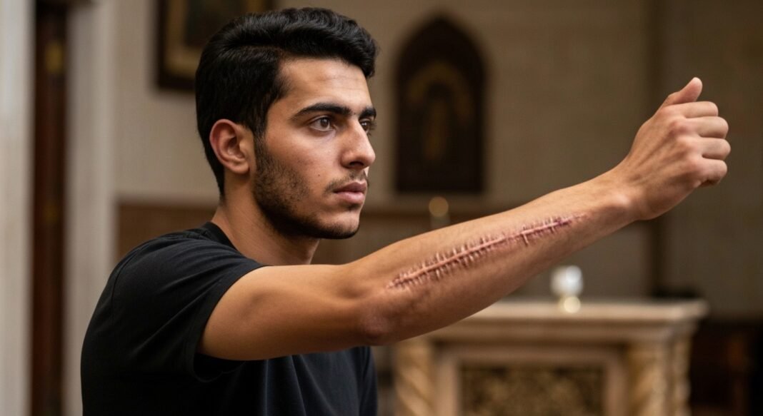Jovem cristão iraniano baleado em protesto exibe cicatrizes no braço.