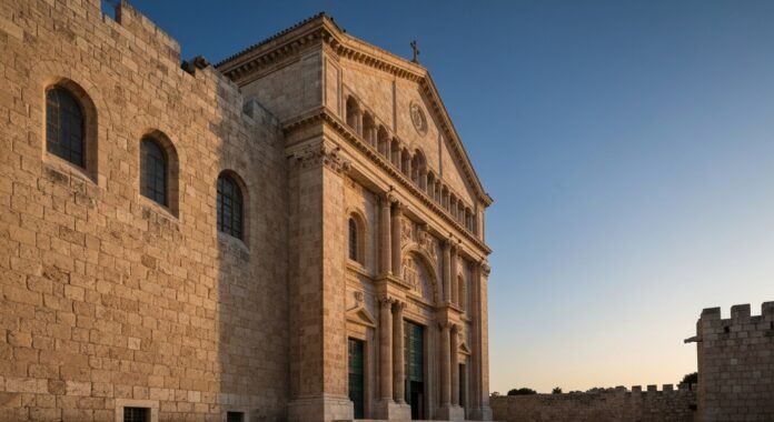 Fachada histórica da Igreja do Santo Sepulcro em Jerusalém iluminada pelo sol nascente