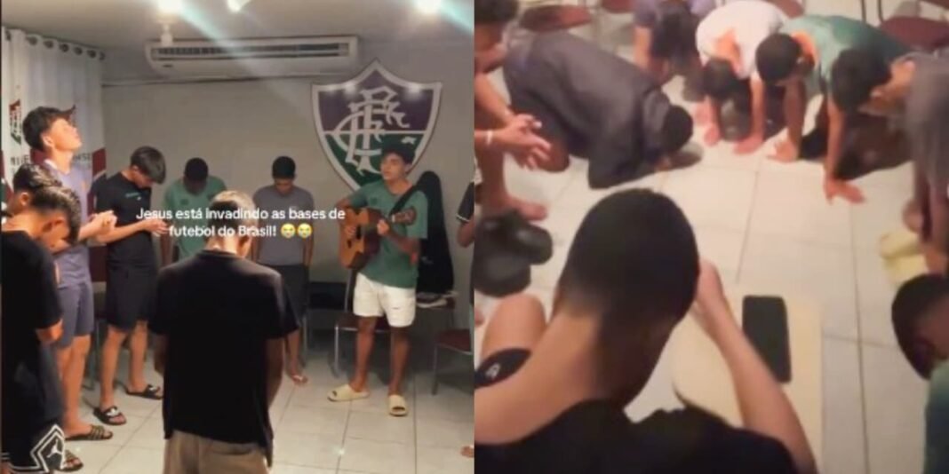 Jogadores da base do Fluminense reunidos em célula religiosa no CT do clube.