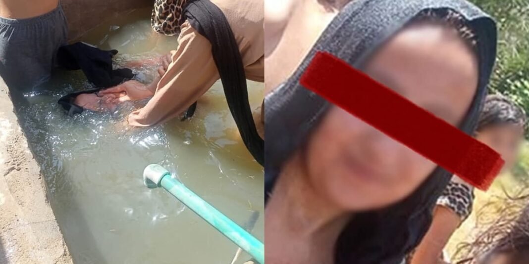 Jovem iraquiana com expressão serena perto de um cocho de água para animais, simbolizando sua nova fé.