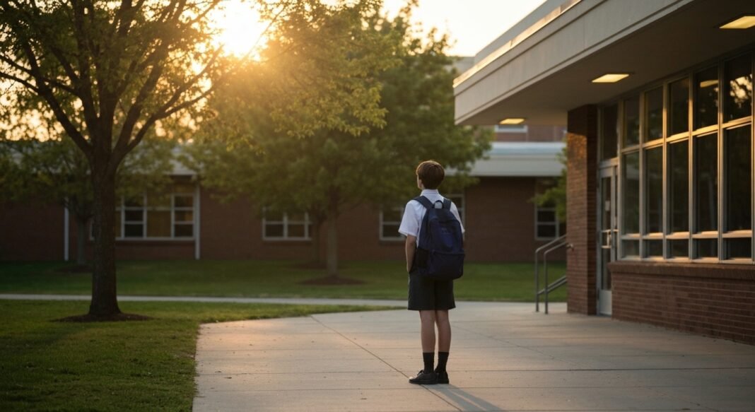 Jovem de uniforme escolar pensativo em frente a um prédio escolar ao pôr do sol.