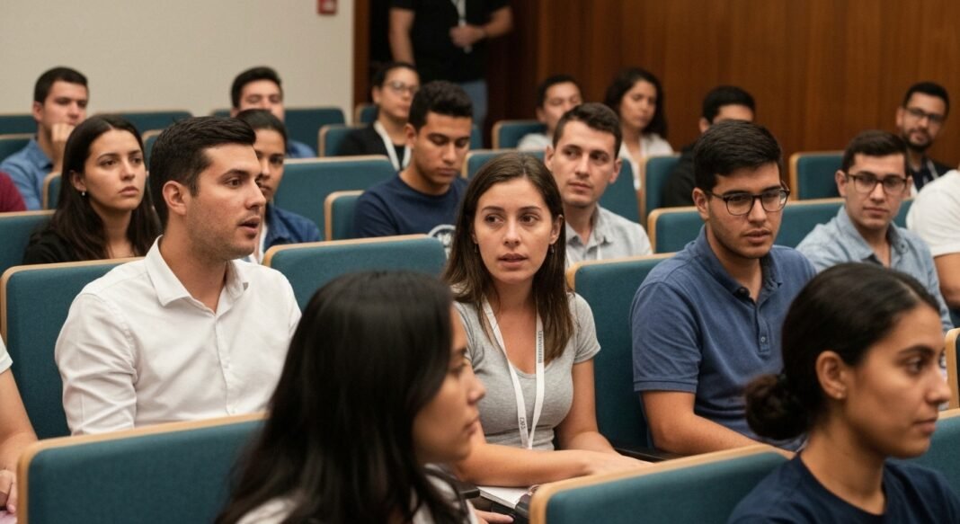 Jovens em um auditório universitário demonstrando fervor espiritual e reflexão.