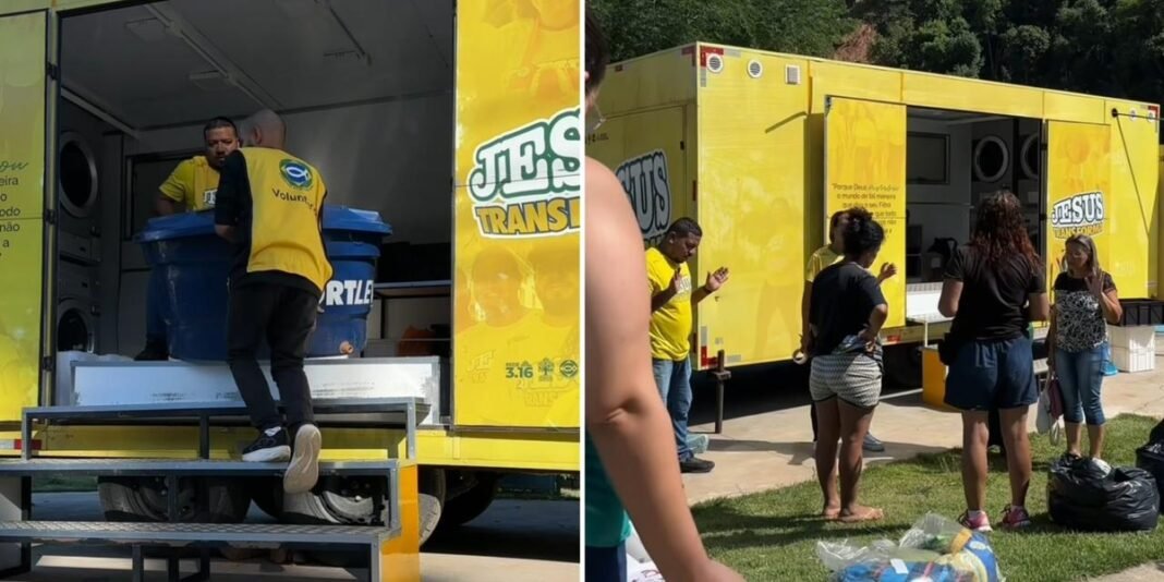 Lavanderia móvel cristã em ação para ajudar vítimas de enchentes em Juiz de Fora.