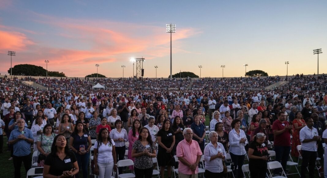 Milhares de pessoas reunidas no L.A. Memorial Coliseum para um evento de oração e avivamento espiritual em Los Angeles.