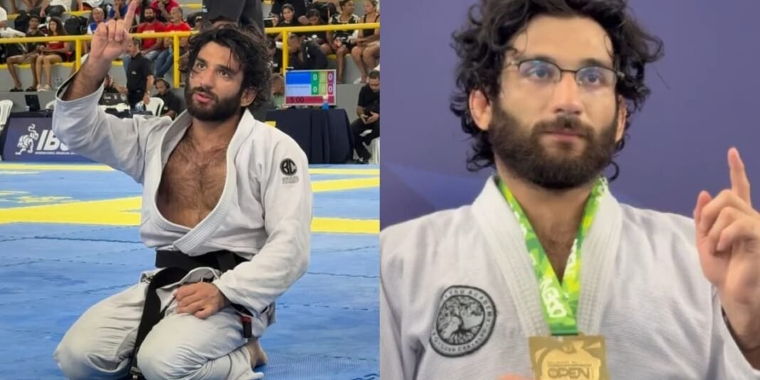 Atleta de jiu-jitsu Gabriel Grijó ajoelhado em oração no tatame após vencer campeonato.