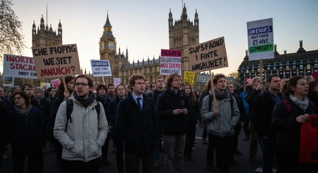 Pessoas debatendo em frente a um prédio histórico em Londres sobre o papel do cristianismo na sociedade.