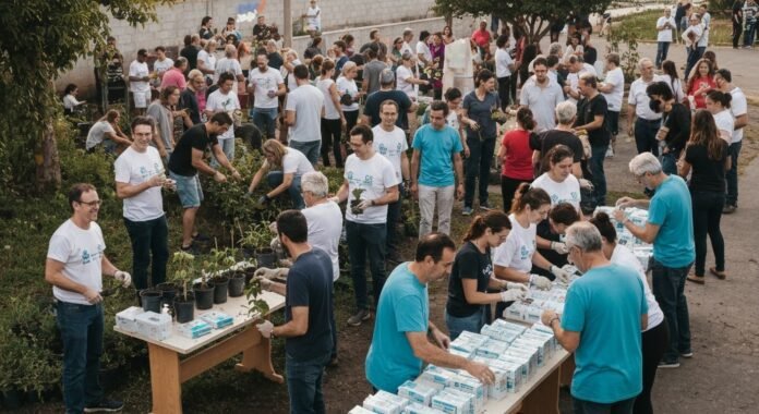Voluntários de diferentes idades trabalham juntos em diversas tarefas comunitárias sob a luz do sol.