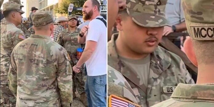 Evangelista falando com militares em rua pública
