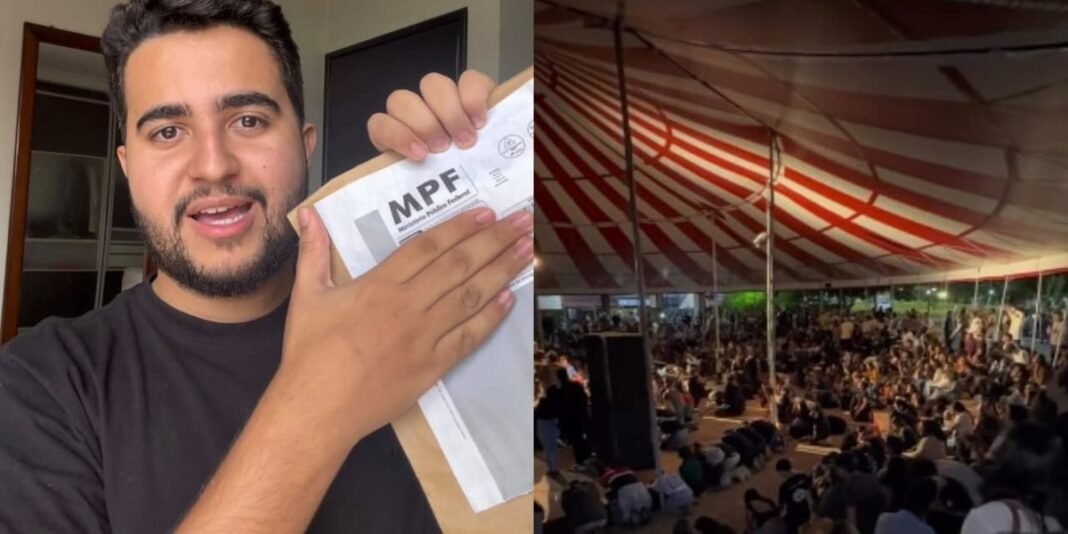 Jovens universitários em oração e leitura da bíblia em campus da UFMG